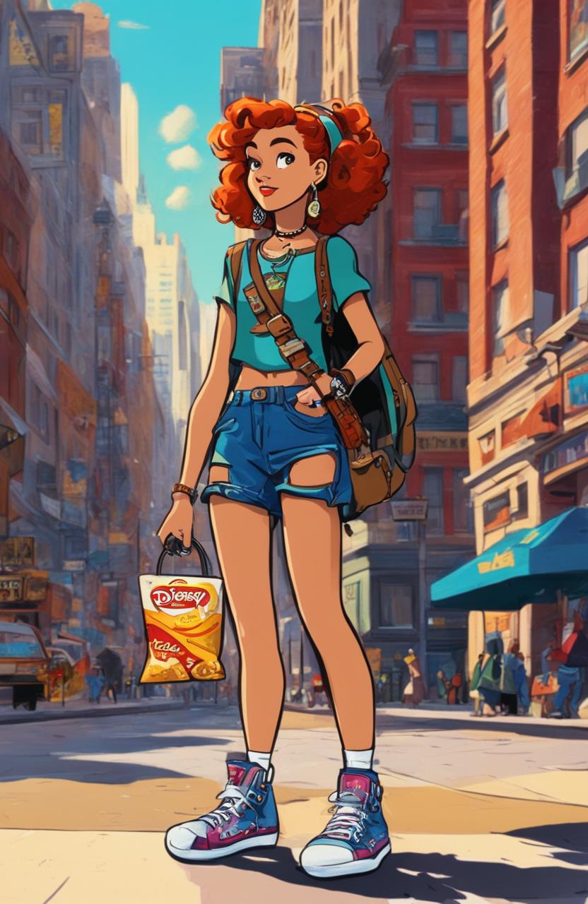 Ultra-wide shot of a 15-year-old rebel girl in 90s punk attire holding a bag of crisps, walking through New York City, listening to music on her headphones, animated in the style of Disney's 'Atlantis'