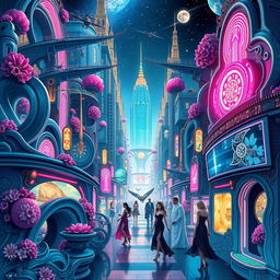An intricate art nouveau fusion with a cyberpunk space opera scene, showcasing a bustling futuristic city with elongated, graceful forms and ornate details typical of art nouveau, intertwining with neon lights and holographic advertisements