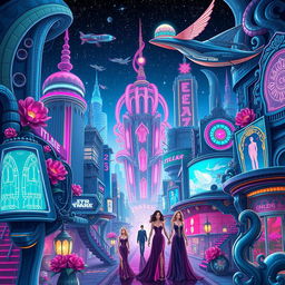 An intricate art nouveau fusion with a cyberpunk space opera scene, showcasing a bustling futuristic city with elongated, graceful forms and ornate details typical of art nouveau, intertwining with neon lights and holographic advertisements