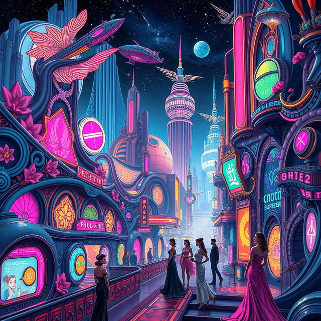 An intricate art nouveau fusion with a cyberpunk space opera scene, showcasing a bustling futuristic city with elongated, graceful forms and ornate details typical of art nouveau, intertwining with neon lights and holographic advertisements