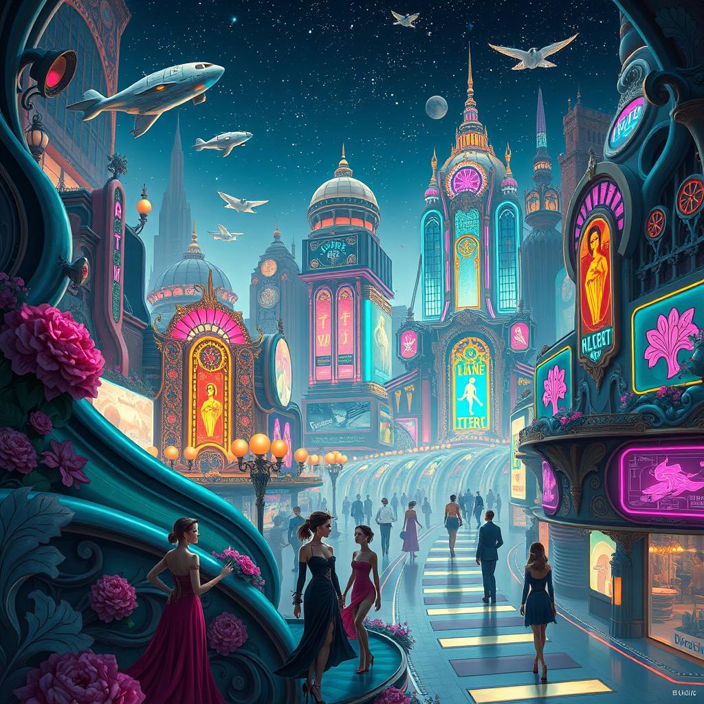 An intricate art nouveau fusion with a cyberpunk space opera scene, showcasing a bustling futuristic city with elongated, graceful forms and ornate details typical of art nouveau, intertwining with neon lights and holographic advertisements