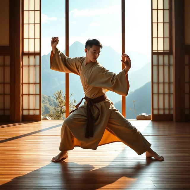 A lithe human monk with short black hair and dark eyes, dressed in a light earthy-toned tunic, executing a fluid martial arts move in a tranquil mountain dojo