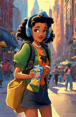 Ultra-wide shot of a 15-year-old rebel girl in 90s punk attire holding a bag of crisps, walking through New York City, listening to music on her headphones, animated in the style of Disney's 'Atlantis'