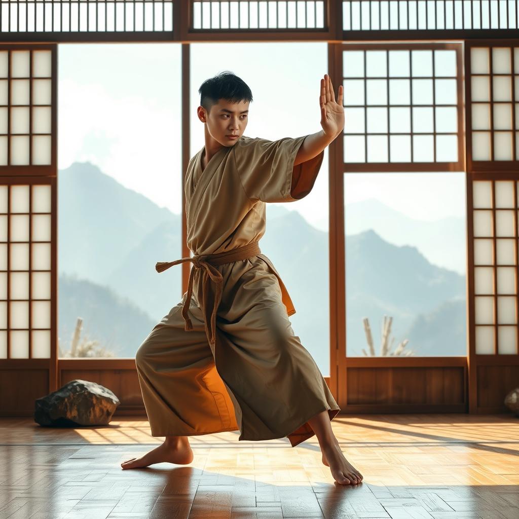 A lithe human monk with short black hair and dark eyes, dressed in a light earthy-toned tunic, executing a fluid martial arts move in a tranquil mountain dojo