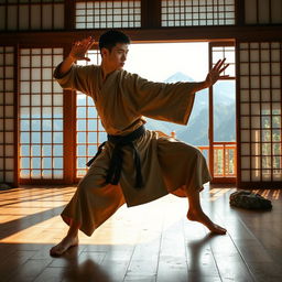 A lithe human monk with short black hair and dark eyes, dressed in a light earthy-toned tunic, executing a fluid martial arts move in a tranquil mountain dojo