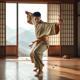 A lithe human monk with short black hair and dark eyes, dressed in a light earthy-toned tunic, executing a fluid martial arts move in a tranquil mountain dojo