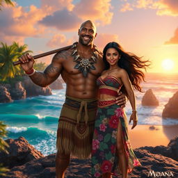 A live action scene inspired by the upcoming Moana movie featuring Dwayne Johnson as Maui and Zendaya as Moana