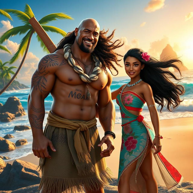 A live action scene inspired by the upcoming Moana movie featuring Dwayne Johnson as Maui and Zendaya as Moana