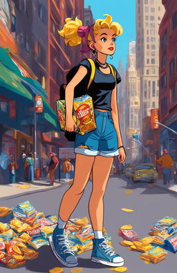 Ultra-wide shot of a 15-year-old rebel girl in 90s punk attire holding a bag of crisps, walking through New York City, listening to music on her headphones, animated in the style of Disney's 'Atlantis'