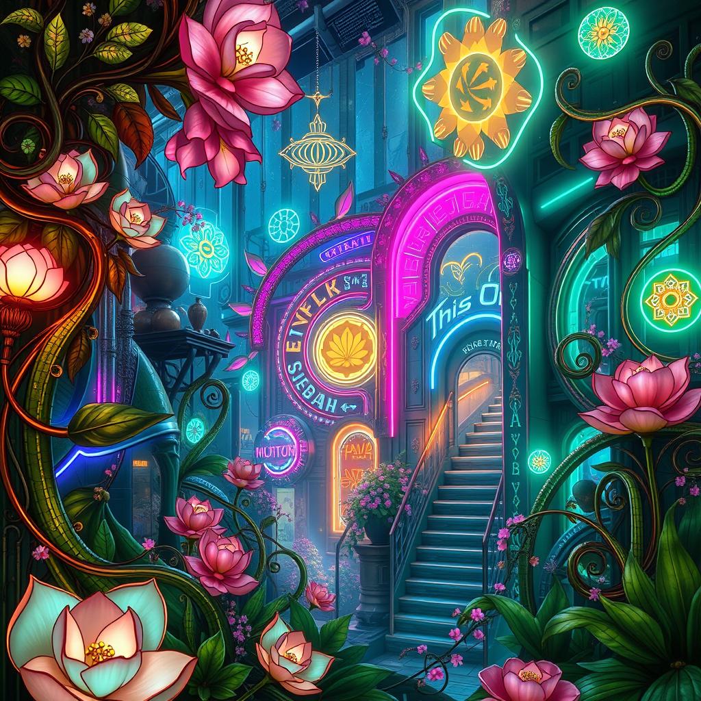 An imaginative fusion of Art Nouveau and cyberpunk styles, showcasing elegant floral designs entwined with futuristic, neon-lit elements