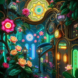 An imaginative fusion of Art Nouveau and cyberpunk styles, showcasing elegant floral designs entwined with futuristic, neon-lit elements