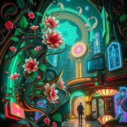 An imaginative fusion of Art Nouveau and cyberpunk styles, showcasing elegant floral designs entwined with futuristic, neon-lit elements