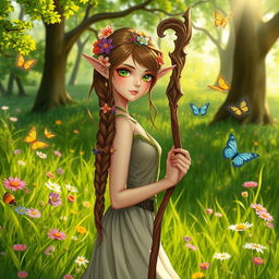 A slender half-elf druid with braided brown hair adorned with colorful flowers, bright green eyes, gently holding a beautifully carved wooden staff
