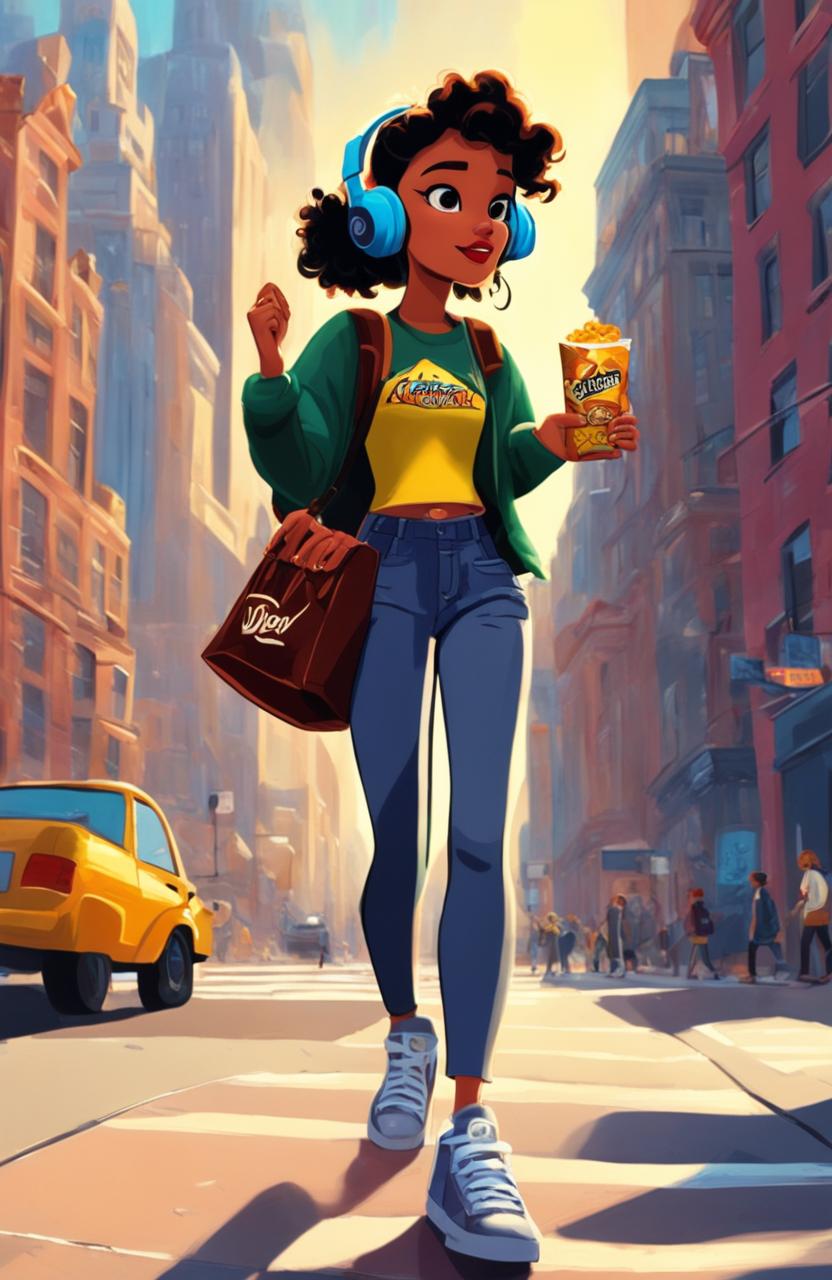 Ultra-wide shot of a 15-year-old rebel girl in 90s punk attire holding a bag of crisps, walking through New York City, listening to music on her headphones, animated in the style of Disney's 'Atlantis'