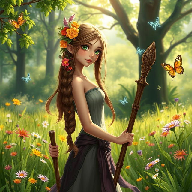 A slender half-elf druid with braided brown hair adorned with colorful flowers, bright green eyes, gently holding a beautifully carved wooden staff