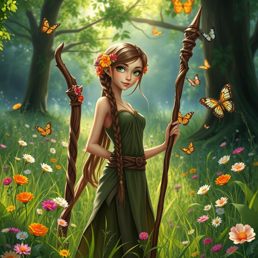 A slender half-elf druid with braided brown hair adorned with colorful flowers, bright green eyes, gently holding a beautifully carved wooden staff