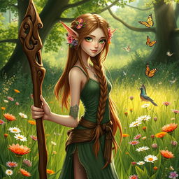 A slender half-elf druid with braided brown hair adorned with colorful flowers, bright green eyes, gently holding a beautifully carved wooden staff