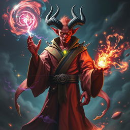 A red-skinned tiefling sorcerer with long, sharp horns and glowing golden eyes, clad in a vibrant robe adorned with chaotic runes in brilliant colors