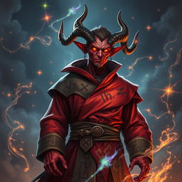 A red-skinned tiefling sorcerer with long, sharp horns and glowing golden eyes, clad in a vibrant robe adorned with chaotic runes in brilliant colors
