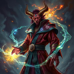 A red-skinned tiefling sorcerer with long, sharp horns and glowing golden eyes, clad in a vibrant robe adorned with chaotic runes in brilliant colors
