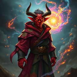 A red-skinned tiefling sorcerer with long, sharp horns and glowing golden eyes, clad in a vibrant robe adorned with chaotic runes in brilliant colors