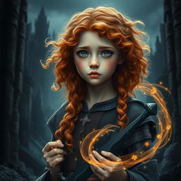 An enchanting fantasy book cover featuring a youthful girl portrayed smaller in the foreground, emphasizing the vastness of the dark ruins behind her