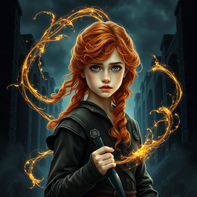 An enchanting fantasy book cover featuring a youthful girl portrayed smaller in the foreground, emphasizing the vastness of the dark ruins behind her