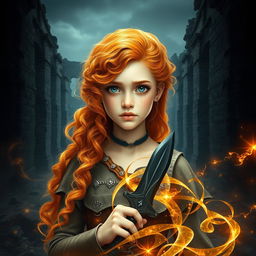 An enchanting fantasy book cover featuring a youthful girl portrayed smaller in the foreground, emphasizing the vastness of the dark ruins behind her