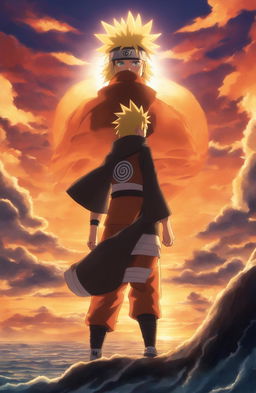 Naruto Uzumaki in Atlantis 2001 film animation style standing in front of an Atlantean version of Hidden Leaf Village with a silhouette of Kurama against a sunset sky