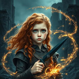 An enchanting fantasy book cover featuring a youthful girl portrayed smaller in the foreground, emphasizing the vastness of the dark ruins behind her