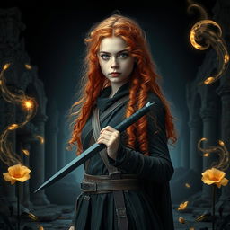 An intriguing fantasy book cover featuring a youthful woman, around 18 years old, standing at a distance with her entire body visible