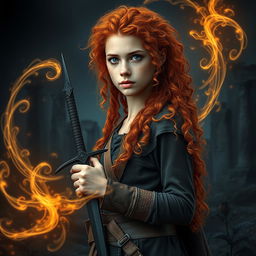 An intriguing fantasy book cover featuring a youthful woman, around 18 years old, standing at a distance with her entire body visible
