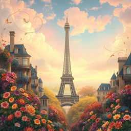 An enchanting Fantasy Art Nouveau interpretation of Paris, featuring iconic elements such as the Eiffel Tower surrounded by a lush landscape bursting with vibrant flowers in various colors