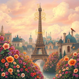An enchanting Fantasy Art Nouveau interpretation of Paris, featuring iconic elements such as the Eiffel Tower surrounded by a lush landscape bursting with vibrant flowers in various colors