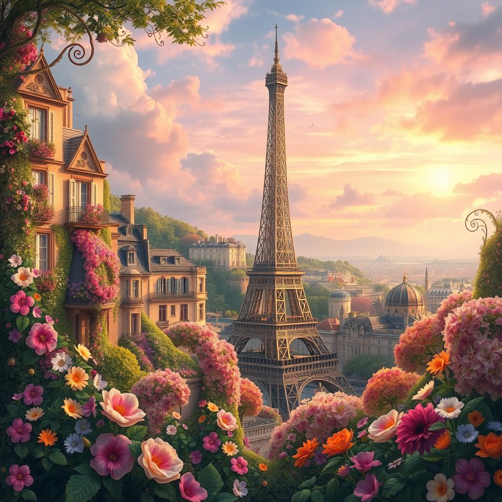 An enchanting Fantasy Art Nouveau interpretation of Paris, featuring iconic elements such as the Eiffel Tower surrounded by a lush landscape bursting with vibrant flowers in various colors
