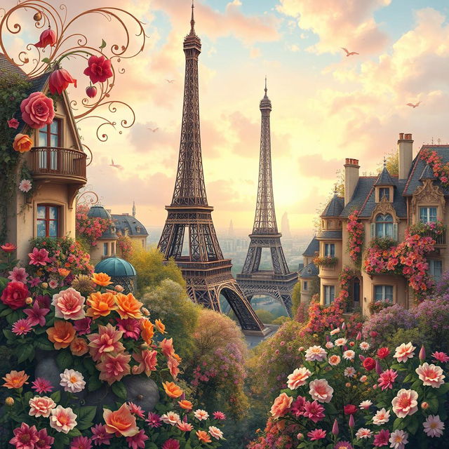 An enchanting Fantasy Art Nouveau interpretation of Paris, featuring iconic elements such as the Eiffel Tower surrounded by a lush landscape bursting with vibrant flowers in various colors