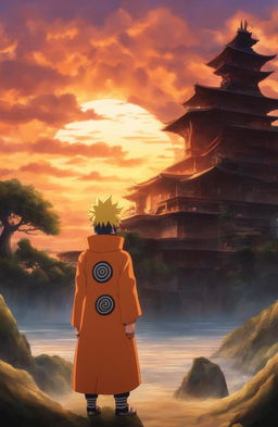 Naruto Uzumaki in Atlantis 2001 film animation style standing in front of an Atlantean version of Hidden Leaf Village with a silhouette of Kurama against a sunset sky