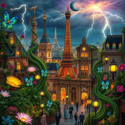 A stunning fantasy art nouveau depiction of Paris, featuring grand architecture adorned with intricate floral designs