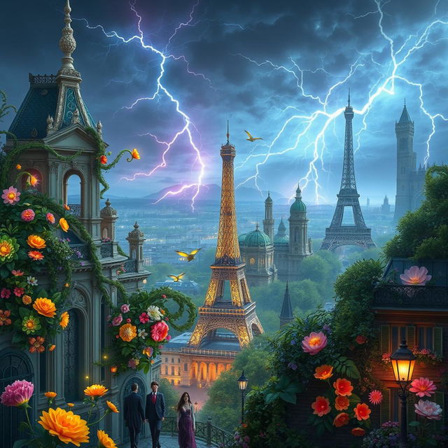 A stunning fantasy art nouveau depiction of Paris, featuring grand architecture adorned with intricate floral designs