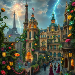 A stunning fantasy art nouveau depiction of Paris, featuring grand architecture adorned with intricate floral designs