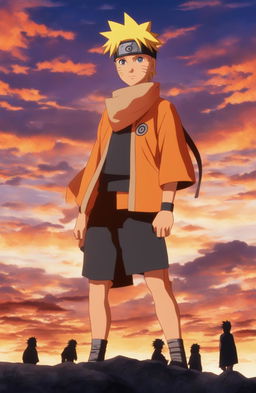 Naruto Uzumaki in Atlantis 2001 film animation style standing in front of an Atlantean version of Hidden Leaf Village with a silhouette of Kurama against a sunset sky