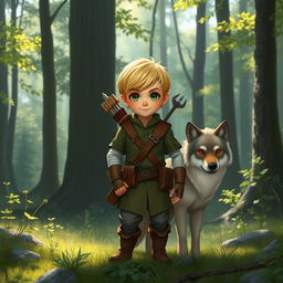 A small halfling ranger with short blonde hair and bright green eyes, standing confidently beside a loyal wolf companion in a serene forest clearing