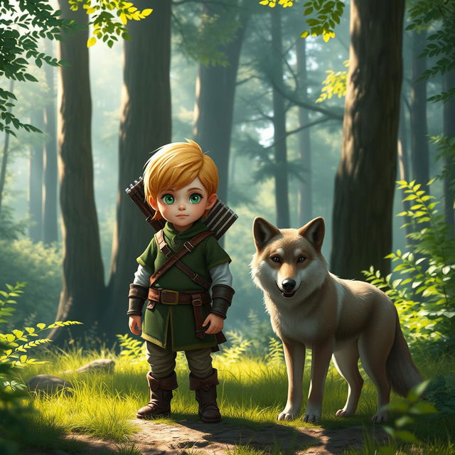 A small halfling ranger with short blonde hair and bright green eyes, standing confidently beside a loyal wolf companion in a serene forest clearing