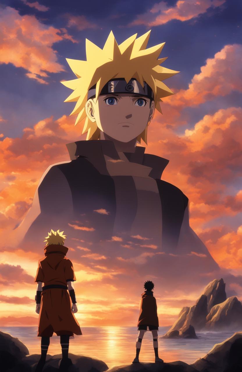 Naruto Uzumaki in Atlantis 2001 film animation style standing in front of an Atlantean version of Hidden Leaf Village with a silhouette of Kurama against a sunset sky