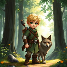 A small halfling ranger with short blonde hair and bright green eyes, standing confidently beside a loyal wolf companion in a serene forest clearing
