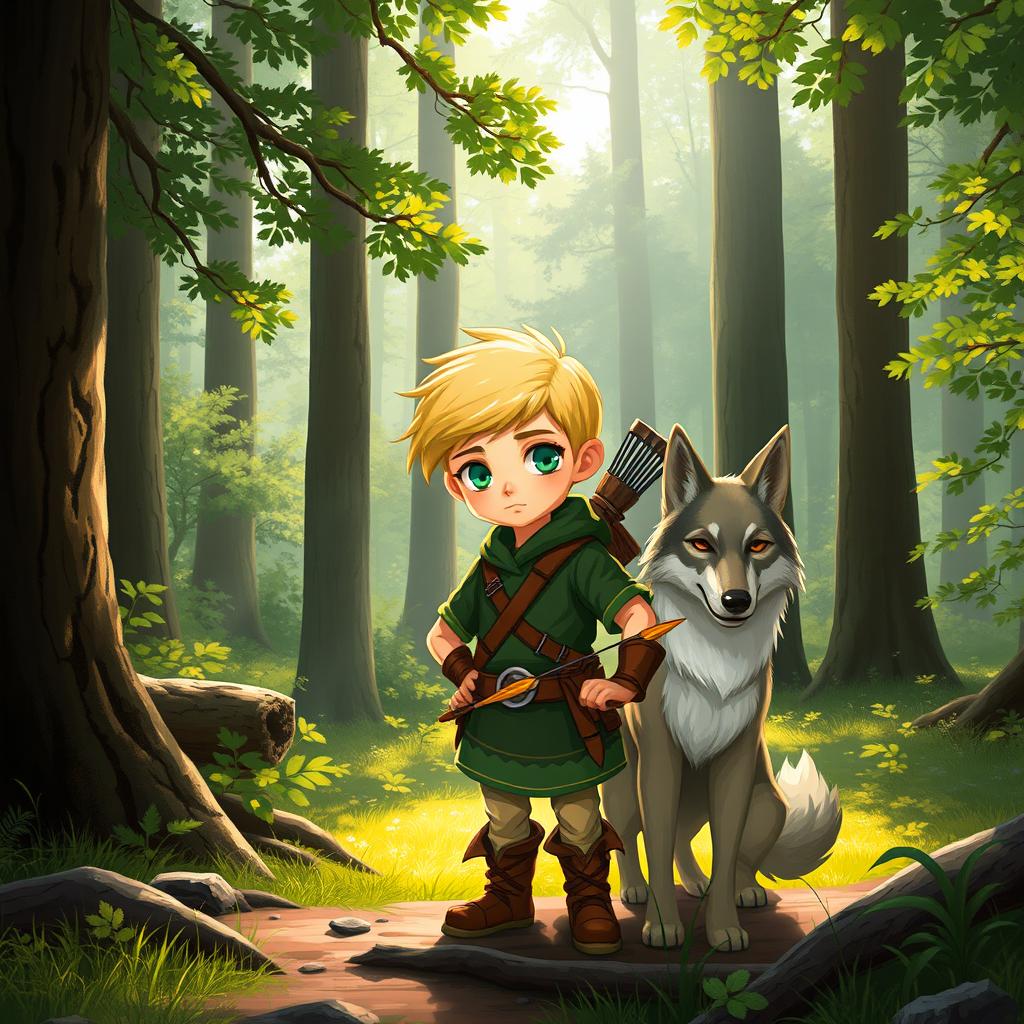 A small halfling ranger with short blonde hair and bright green eyes, standing confidently beside a loyal wolf companion in a serene forest clearing