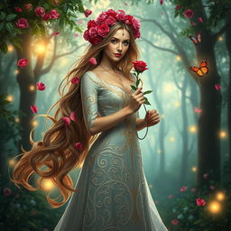 A stunningly beautiful lady with long flowing hair adorned with vibrant rose petals, standing in a lush magical forest