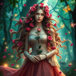A stunningly beautiful lady with long flowing hair adorned with vibrant rose petals, standing in a lush magical forest