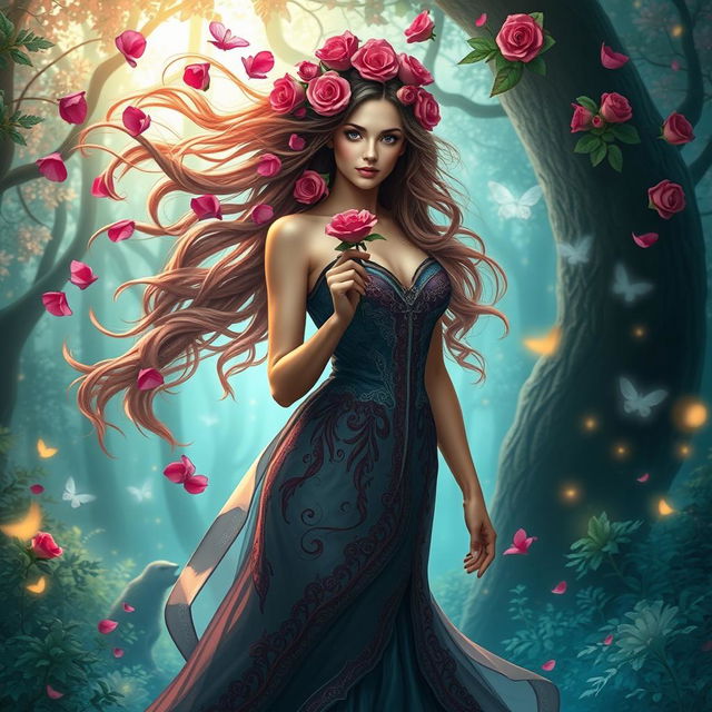 A stunningly beautiful lady with long flowing hair adorned with vibrant rose petals, standing in a lush magical forest