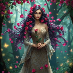 A stunningly beautiful lady with long flowing hair adorned with vibrant rose petals, standing in a lush magical forest